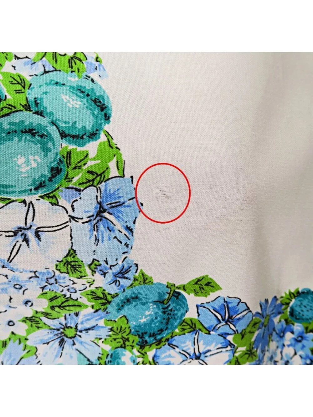 Mid-Century Tablecloth, Morning Glories & Fruit, Blue Green Aqua, 53x66